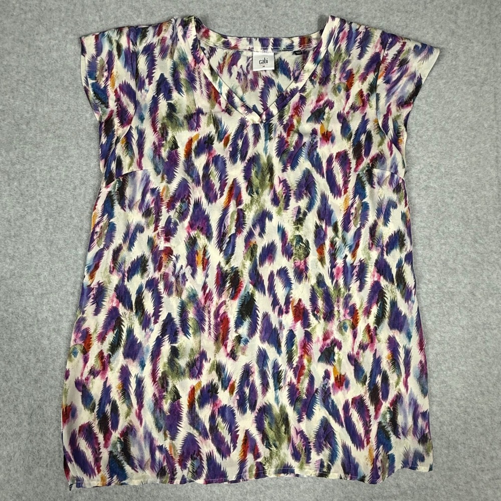 Cabi V-Neck Abstract Print Blouse Size M Multicolor Boho Chic Cap Sleeve Top‎